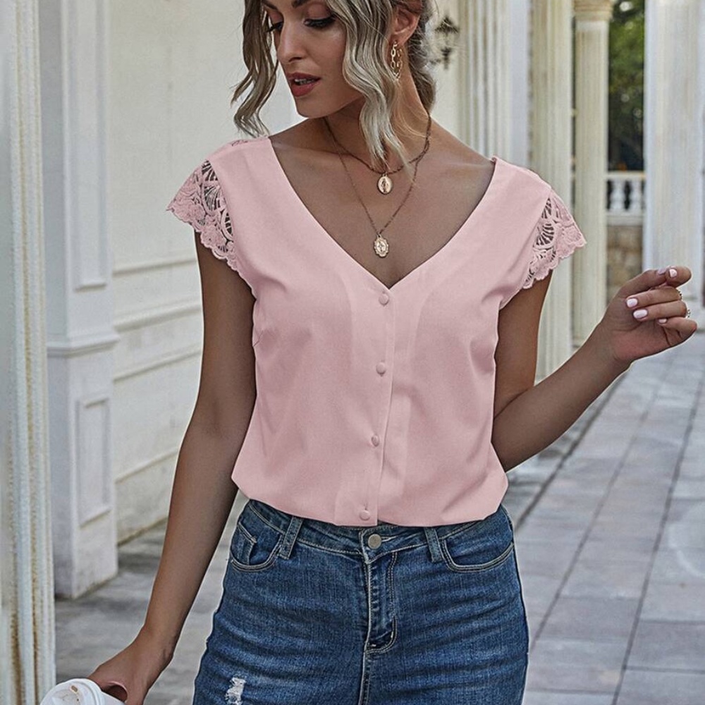 black v neck button down lace Floral Top - Picture 11 of 15